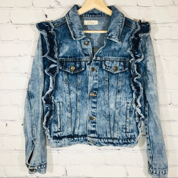 ELAN Acid Wash Ruffle Trim Denim Jean Jacket MED - Picture 3 of 7